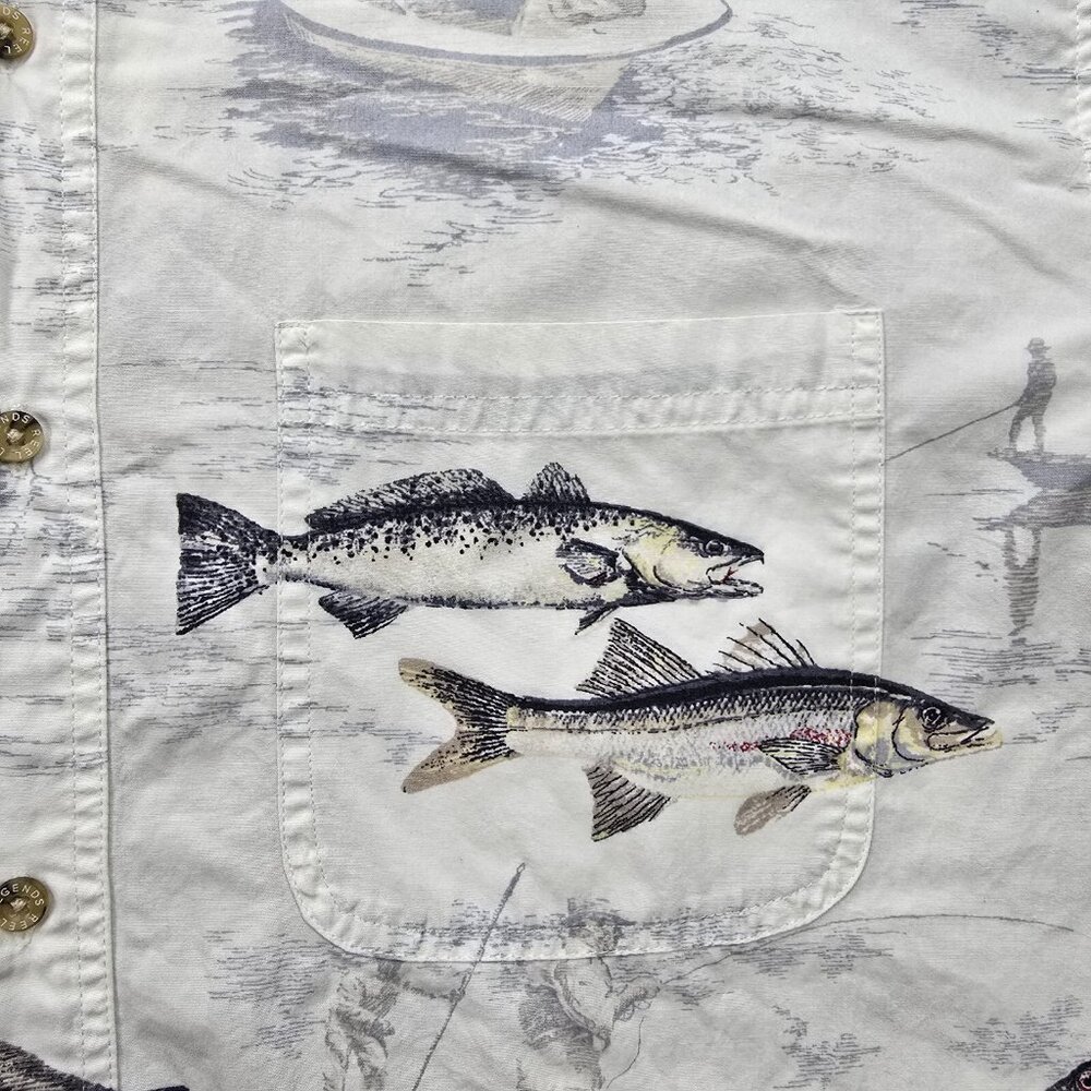Reel Legends Shirt Mens Large White‎ Button Up Short Sleeve Fish All Over Print - Picture 3 of 9